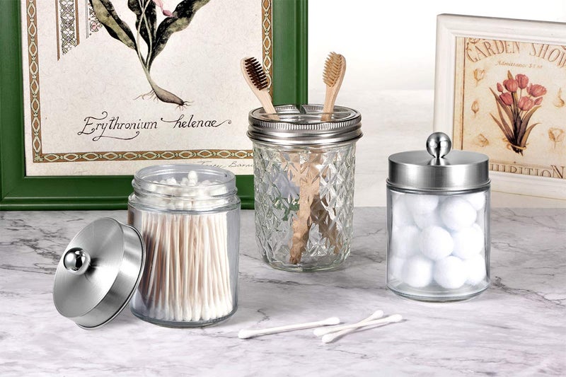 Amolliar Apothecary Jars Bathroom Vanity Organizer -Countertop Canister Jar with Storage Lid - Qtip Dispenser Holder Glass for Qtips,Cotton Swabs,Makeup Sponges,Hair Band - Brushed Nickel (2 Pack) - Image 5